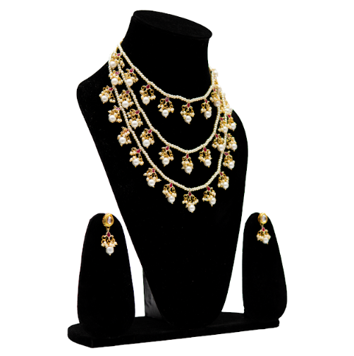 Uffbyisha Layered Pearl Long Necklace Set with Gold Motifs